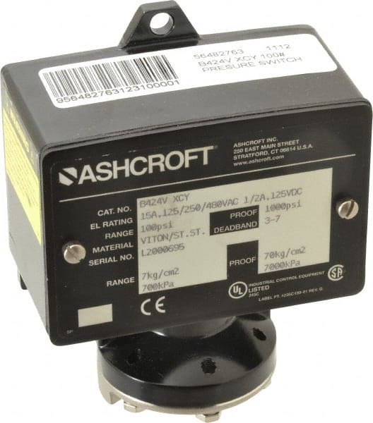 Ashcroft - 15 to 100 psi Adjustable Range, 1,000 Max psi, Watertight Single Setpoint - 1/4 Thread - Exact Tooling
