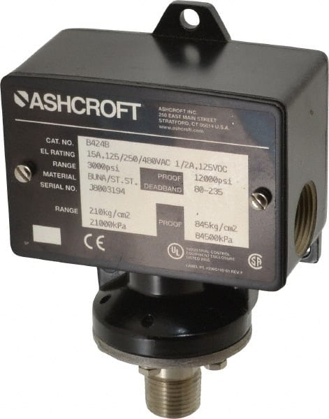Ashcroft - 450 to 3,000 psi Adjustable Range, 12,000 Max psi, Watertight Single Setpoint - 1/4 Female - Exact Tooling