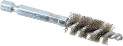 Schaefer Brush - 3/8 Inch Inside Diameter, 9/16 Inch Actual Brush Diameter, Carbon Steel, Power Fitting and Cleaning Brush - 1/4 Shank Diameter, 3-1/8 Inch Long, Hex Shaft Stem, 1/2 Inch Refrigeration Outside Diameter - Exact Tooling