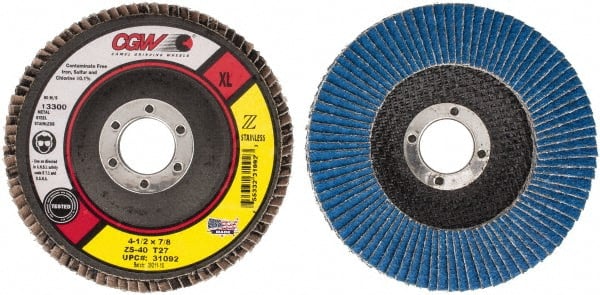Camel Grinding Wheels - 40 Grit, 4-1/2" Disc Diam, 7/8" Center Hole, Type 27 Zirconia Alumina Flap Disc - 13,300 Max RPM, Polyester Backing, Arbor Attaching System, Coated - Exact Tooling
