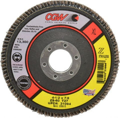 Camel Grinding Wheels - 60 Grit, 4-1/2" Disc Diam, 7/8" Center Hole, Type 27 Zirconia Alumina Flap Disc - 13,300 Max RPM, Polyester Backing, Arbor Attaching System, Coated - Exact Tooling