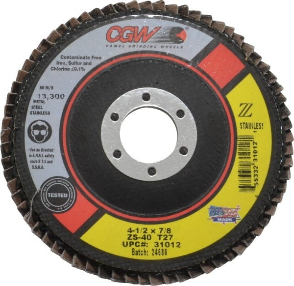 Camel Grinding Wheels - 40 Grit, 4-1/2" Disc Diam, 7/8" Center Hole, Type 27 Zirconia Alumina Flap Disc - 13,300 Max RPM, Polyester Backing, Arbor Attaching System, Coated - Exact Tooling