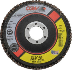 Camel Grinding Wheels - 40 Grit, 4-1/2" Disc Diam, 7/8" Center Hole, Type 27 Zirconia Alumina Flap Disc - 13,300 Max RPM, Polyester Backing, Arbor Attaching System, Coated - Exact Tooling