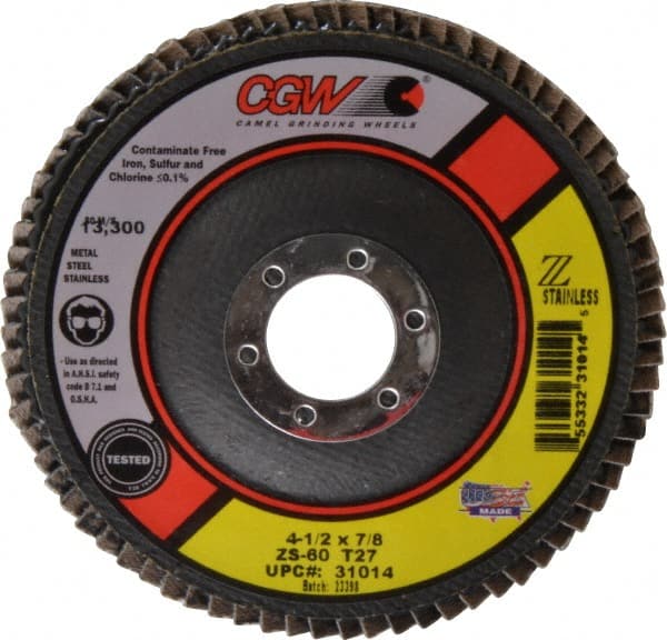 Camel Grinding Wheels - 60 Grit, 4-1/2" Disc Diam, 7/8" Center Hole, Type 27 Zirconia Alumina Flap Disc - 13,300 Max RPM, Polyester Backing, Arbor Attaching System, Coated - Exact Tooling