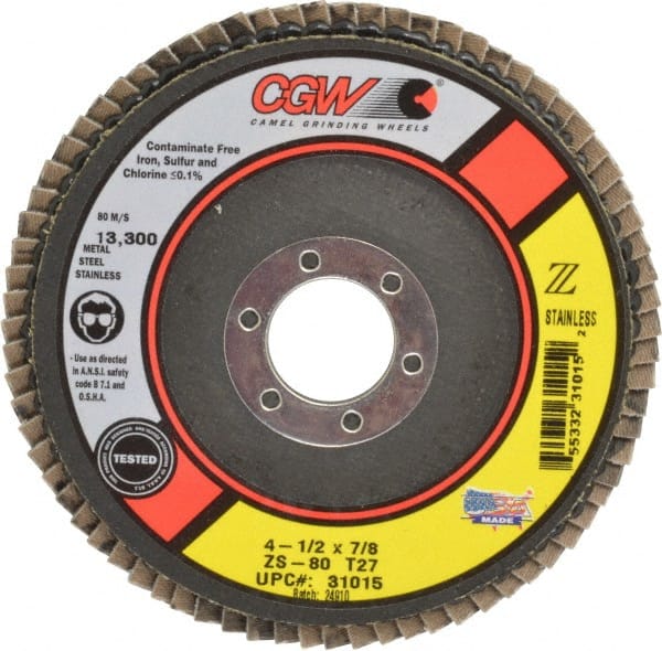 Camel Grinding Wheels - 80 Grit, 4-1/2" Disc Diam, 7/8" Center Hole, Type 27 Zirconia Alumina Flap Disc - 13,300 Max RPM, Polyester Backing, Arbor Attaching System, Coated - Exact Tooling