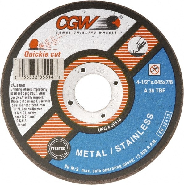 Camel Grinding Wheels - 7" 36 Grit Aluminum Oxide Cutoff Wheel - 1/16" Thick, 7/8" Arbor, 8,500 Max RPM - Exact Tooling