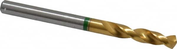 Accupro - #15 130° Spiral Flute Cobalt Screw Machine Drill Bit - TiN Finish, Right Hand Cut, 24mm Flute Length, 58mm OAL, Split Point, Straight Shank - Exact Tooling