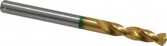 Accupro - #15 130° Spiral Flute Cobalt Screw Machine Drill Bit - TiN Finish, Right Hand Cut, 24mm Flute Length, 58mm OAL, Split Point, Straight Shank - Exact Tooling