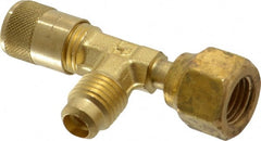 Parker - 500 Max psi, 1/4 Tube OD, Forged Flared Female Run Swivel Tee with Depressor Access Valve - Brass - Exact Tooling