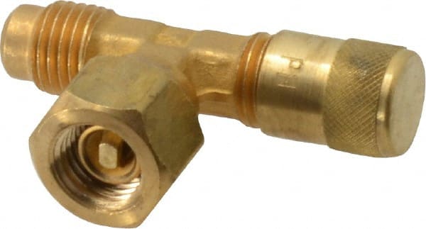 Parker - 500 Max psi, 1/4 Tube OD, Forged Flare Female Branch Tee with Depressor Access Valve - Brass - Exact Tooling