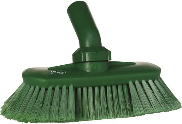 Vikan - 1-1/2" Bristle Length, Polyester Wash Brush - 7-3/4" Long x 3" Wide Head, 8" OAL, European Threaded Handle, Green, Polypropylene Block, Flagged - Exact Tooling