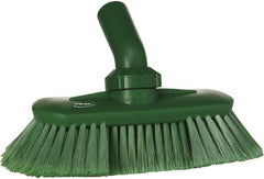 Vikan - 1-1/2" Bristle Length, Polyester Wash Brush - 7-3/4" Long x 3" Wide Head, 8" OAL, European Threaded Handle, Green, Polypropylene Block, Flagged - Exact Tooling