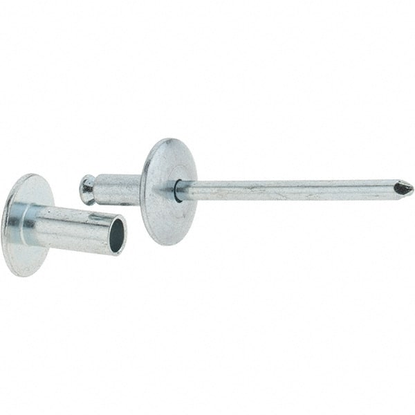RivetKing - Size 8-12 Dome Head Steel Flush on Both Sides Blind Rivet - Steel Mandrel, 5/8" to 3/4" Grip, 5/8" Head Diam, 0.255" Min Hole Diam, 0.58" Length Under Head, 1/4" Body Diam - Exact Tooling