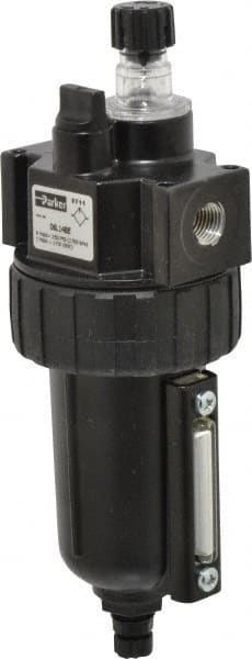 Parker - 1/4" NPT, 250 Max psi Intermediate Mist Lubricator - Metal Bowl with Sight Glass, Zinc Body, 40 CFM, 175°F Max Temp, 2.81" Wide x 7.82" High - Exact Tooling