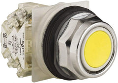 Schneider Electric - 30mm Mount Hole, Extended Straight, Pushbutton Switch with Contact Block - Yellow Pushbutton, Momentary (MO) - Exact Tooling