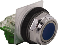Schneider Electric - 30mm Mount Hole, Extended Straight, Pushbutton Switch with Contact Block - Blue Pushbutton, Momentary (MO) - Exact Tooling