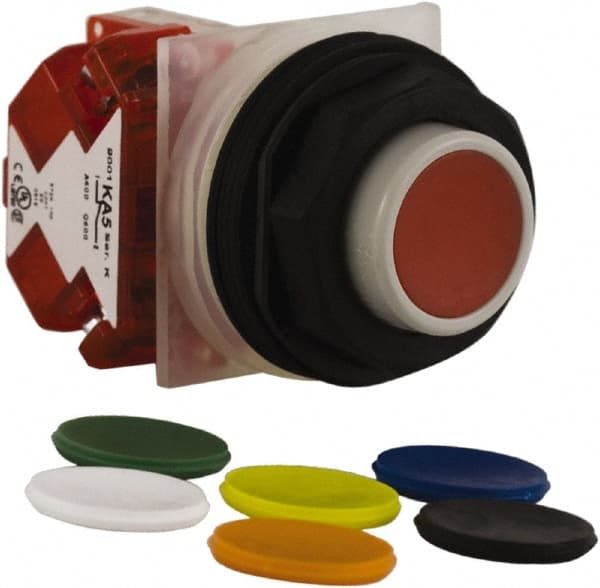 Schneider Electric - 30mm Mount Hole, Extended Straight, Pushbutton Switch with Contact Block - Multicolored Pushbutton, Momentary (MO) - Exact Tooling