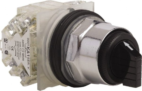 Schneider Electric - 1.18 Inch Mount Hole, 3 Position, Knob and Pushbutton Operated, Selector Switch - Black, Momentary (MO), 2NO/2NC, Weatherproof and Dust and Oil Resistant - Exact Tooling