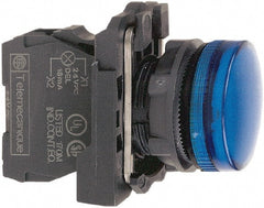 Schneider Electric - 110-120 VAC at 50/60 Hz Blue Lens LED Pilot Light - Round Lens, Screw Clamp Connector, 30mm Wide, Vibration Resistant, Water Resistant - Exact Tooling