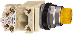 Schneider Electric - 1.22 Inch Mount Hole, Extended Mushroom Head, Pushbutton Switch with Contact Block - Round, Yellow Pushbutton, Illuminated, Momentary (MO), Dusttight, Oiltight, Watertight and Shock and Vibration Resistant - Exact Tooling