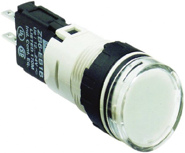 Schneider Electric - 12-24 VAC/VDC White Lens LED Pilot Light - Round Lens, Quick Connect Connector, 18mm Wide, Vibration Resistant - Exact Tooling