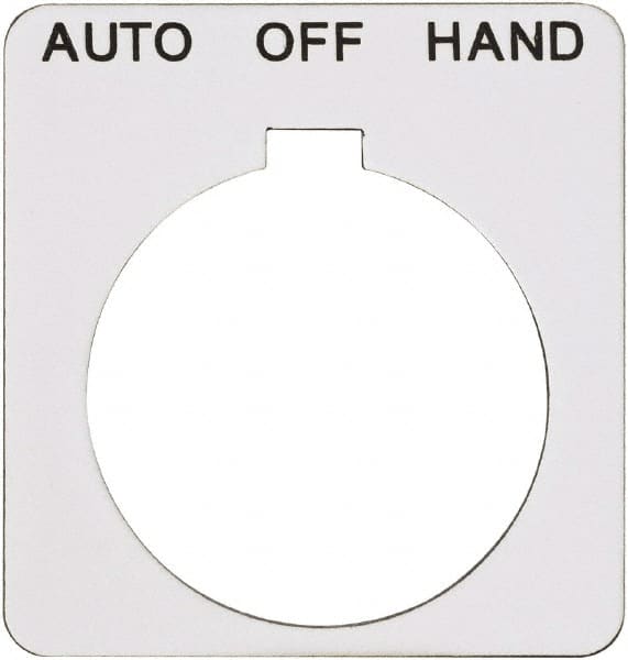Schneider Electric - Square, Plastic Legend Plate - Auto-Off-Hand - White Background, Black Letters, 1.22 Inch Hole Diameter, 1-3/4 Inch Square - Exact Tooling
