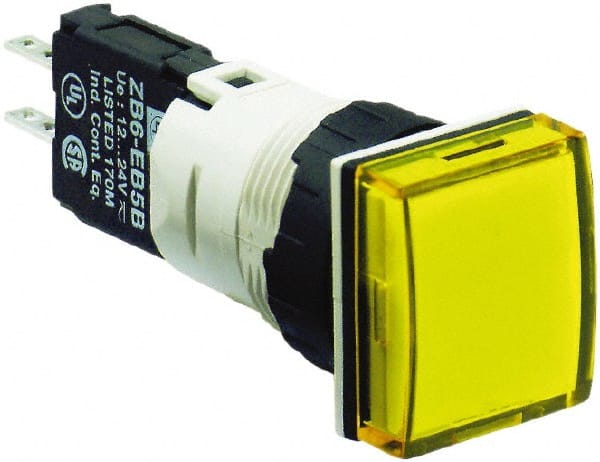 Schneider Electric - 12-24 VAC/VDC Yellow Lens LED Pilot Light - Square Lens, Quick Connect Connector, 18mm Wide, Vibration Resistant - Exact Tooling