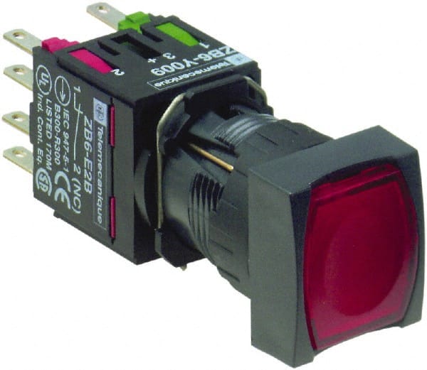 Schneider Electric - 16mm Mount Hole, Flush, Pushbutton Switch with Contact Block - Square, Red Pushbutton, Illuminated, Momentary (MO) - Exact Tooling