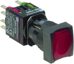 Schneider Electric - 16mm Mount Hole, Flush, Pushbutton Switch with Contact Block - Square, Red Pushbutton, Illuminated, Momentary (MO) - Exact Tooling