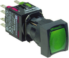 Schneider Electric - 16mm Mount Hole, Flush, Pushbutton Switch with Contact Block - Square, Green Pushbutton, Illuminated, Momentary (MO) - Exact Tooling