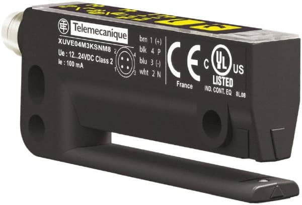 Telemecanique Sensors - 4 Pin M8 Connector, 3mm Nominal Distance, Shock and Vibration Resistant, Through Beam Photoelectric Sensor - 12 to 24 VDC, 10 kHz, Polyamide, 64mm Long x 10mm Wide x 25mm High - Exact Tooling
