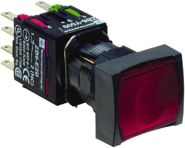 Schneider Electric - 16mm Mount Hole, Flush, Pushbutton Switch with Contact Block - Rectangle, Red Pushbutton, Illuminated, Momentary (MO) - Exact Tooling