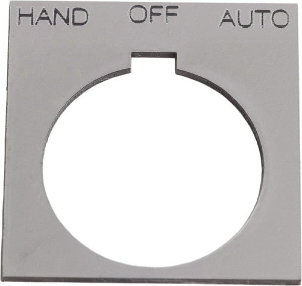Schneider Electric - Square, Plastic Legend Plate - Hand-Off-Auto - Silver Background, Black Letters, 1.2 Inch Hole Diameter, 1-3/4 Inch Square - Exact Tooling