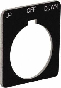 Schneider Electric - Square, Plastic Legend Plate - Up-Off-Down - Black Background, White Letters, 1.22 Inch Hole Diameter, 1-3/4 Inch Square - Exact Tooling