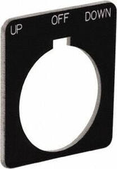 Schneider Electric - Square, Plastic Legend Plate - Up-Off-Down - Black Background, White Letters, 1.22 Inch Hole Diameter, 1-3/4 Inch Square - Exact Tooling