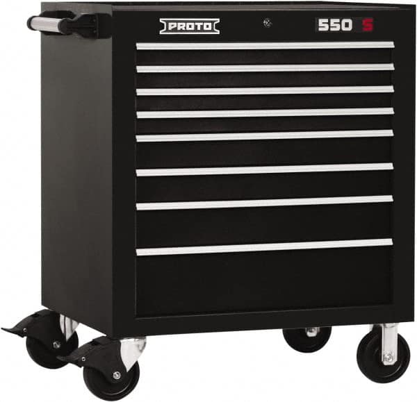 Proto - 8 Drawer Steel Tool Roller Cabinet - 34" Wide x 41" High x 25-1/4" Deep, Ball Bearing Drawer Slides, Black - Exact Tooling