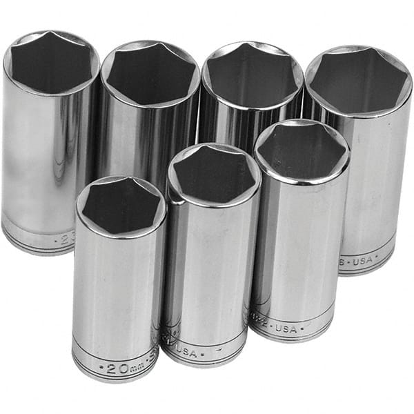 SK - 3/8" Drive Deep Socket Set - 7 to 19mm, Metric Measurement Standard - Exact Tooling