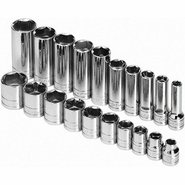 SK - 3/8" Drive Standard Deep Socket Set - 5/16 to 7/8", Inch Measurement Standard - Exact Tooling