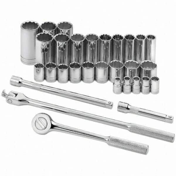 SK - 1/2" Drive Standard Deep Socket Set - 3/8 to 1-1/4", Inch Measurement Standard - Exact Tooling
