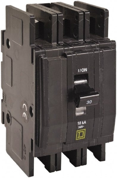 Square D - 30 Amp, 240 VAC, 3 Pole, DIN Rail Mounted, Flush Mount, Surface Mount Miniature Circuit Breaker - Thermal Magnetic Trip, 10 kA at 120/240 VAC Breaking Capacity, 14-2 (Aluminum), 14-2 (Copper) AWG, 74mm Deep x 103mm High x 19mm Wide - Exact Tooling