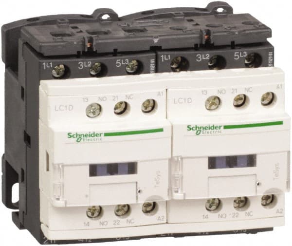 Schneider Electric - 3 Pole, 120 Coil VAC at 50/60 Hz, 32 Amp at 440 VAC, Reversible IEC Contactor - 1 Phase hp: 2 at 115 VAC, 5 at 230/240 VAC, 3 Phase hp: 10 at 230/240 VAC, 20 at 460/480 VAC, 30 at 575/600 VAC, 7.5 at 200/208 VAC - Exact Tooling