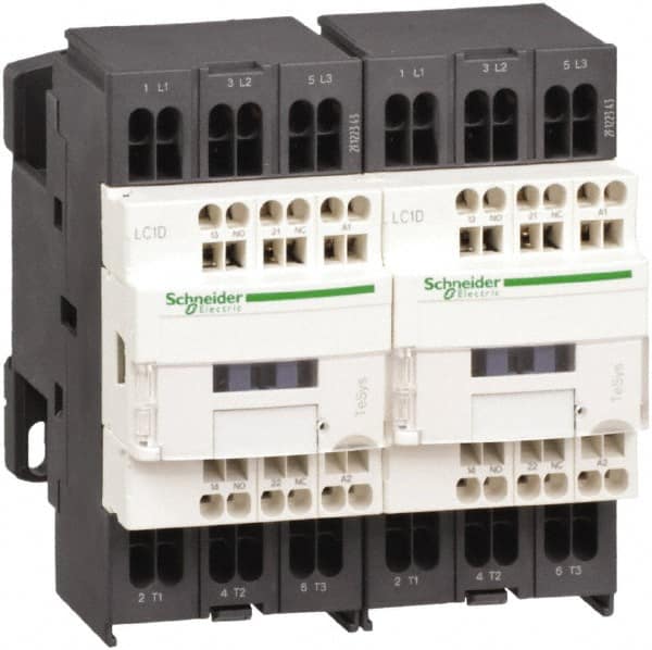 Schneider Electric - 3 Pole, 24 Coil VDC, 9 Amp at 440 VAC, Reversible IEC Contactor - 1 Phase hp: 0.5 at 115 VAC, 1 at 230/240 VAC, 3 Phase hp: 2 at 200/208 VAC, 2 at 230/240 VAC, 5 at 460/480 VAC, 7.5 at 575/600 VAC - Exact Tooling