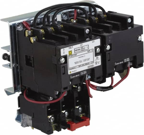 Square D - 220 Coil VAC at 50 Hz, 240 Coil VAC at 60 Hz, 27 Amp, NEMA Size 1, Reversible Open Enclosure NEMA Motor Starter - 1 Phase hp: 2 at 115 VAC, 3 at 230 VAC - Exact Tooling