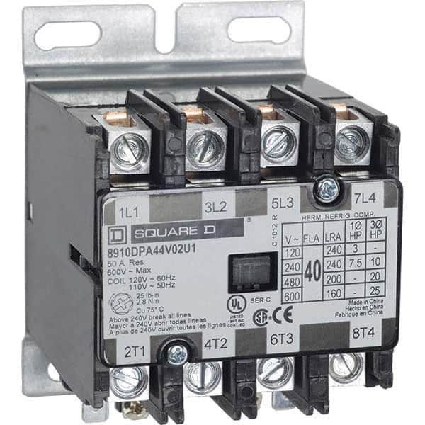Square D - 4 Pole, 40 Amp Inductive Load, 600 Coil VAC, Definite Purpose Contactor - Exact Tooling