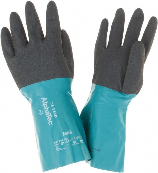 Ansell - 14" Long, 13 mil Thick, Chemical Resistant Gloves - Teal/Black - Exact Tooling