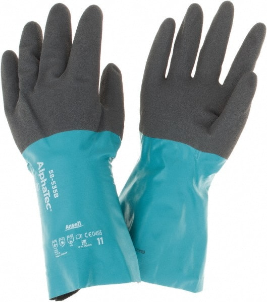 Ansell - 14" Long, 13 mil Thick, Chemical Resistant Gloves - Teal/Black - Exact Tooling