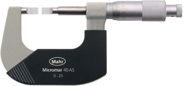 Mahr - 1" to 2" Mechanical Satin Chrome Coated Blade Micrometer - 0.0001" Graduation, 0.031" Blade Thickness, Ratchet Thimble, Rotating Spindle - Exact Tooling