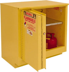Securall Cabinets - 2 Door, 1 Shelf, Yellow Steel Under the Counter Safety Cabinet for Flammable and Combustible Liquids - 35-5/8" High x 35" Wide x 22" Deep, Sliding Door, 3 Point Key Lock, 24 Gal Capacity - Exact Tooling