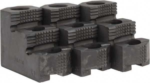 Abbott Workholding Products - 8" Max Chuck Diam Compatibility, Hard Steel 1.5mm x 60° Serrated Hard Lathe Top Jaws - 2 Steps, 14mm Groove Width, 38.1mm Wide x 80.52mm Long x 56.64mm High - Exact Tooling