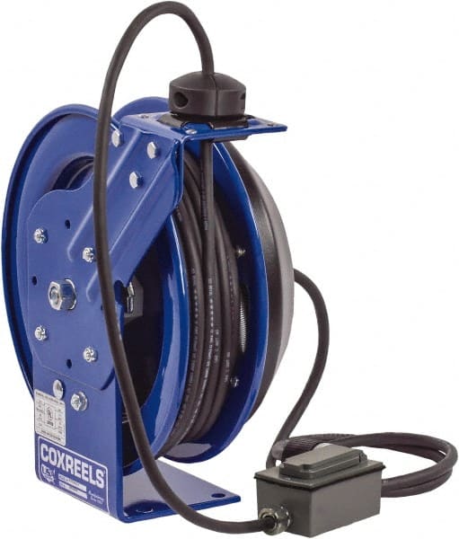 CoxReels - 16 AWG, 30' Cable Length, Cord & Cable Reel with Duplex GFCI Outlet Box End - 2 Outlets, NEMA 5-15R, 13 Amps, 115 Volts, SJO Cable, Blue Reel, Spring Driven Reel - Exact Tooling